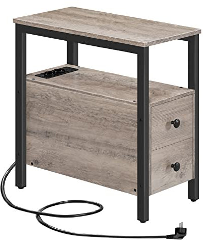 HOOBRO Beistelltisch mit Ladestation, Sofatisch mit 2 Schubladen und USB-Anschluss und Steckdose, Nachttisch für kleine Räume, Stabil und Robust, für Wohnzimmer, Schlafzimmer, Greige EBG542BZ01
