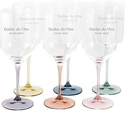 Set 6 copas vino 48 cl. cristal pie colores personalizadas grabado nombre o texto elegir - Personalizable - GRABACIÓN INCLUIDA EN EL PRECIO