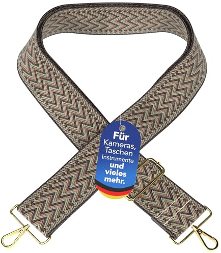 EAZY CASE - Verstellbarer Taschengurt, Ersatz Gurt für Handtaschen, Schulterriemen für Umhängetaschen, breiter Riemen für Taschen und Tragetaschen, DIY Taschenband, Zig Zag - Taupe Metal Gold