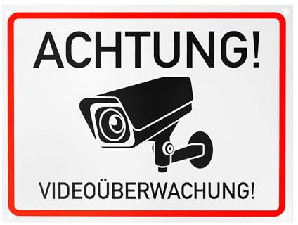 Hinweisschild Achtung! Videoüberwachung!, 1 Stück, 20 x 15 cm, 2,7 mm starkes PVC Schild mit Bohrlöchern, Kamera Warnschild für Innen- und Außenbereich, Video Überwachung Schild Privatgrundstück