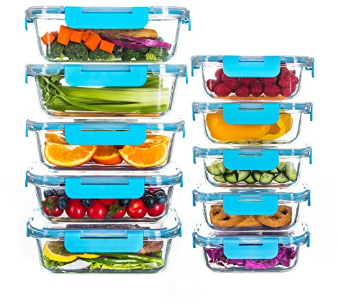 HAKEEMI 10 Pack Glas Lebensmittel Lagerung Container, luftdicht Mahlzeit Prep Container mit Deckel, Glas Mittagessen Container, Mikrowelle/spülmaschinenfest, Blau