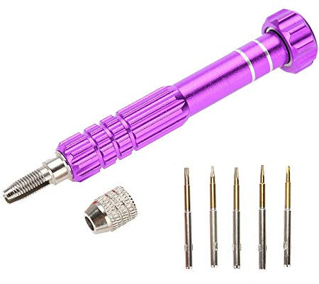 Präzisions Schraubendreher Set, Chrom Vanadium Stahl Schraubendrehergriff mit 5 Bits, T5, T6, Kreuz, Schlitz, Pentagramm für Brillen, Sonnenbrillen, Uhren, Telefone, Laptops, Schmuck(Lila)
