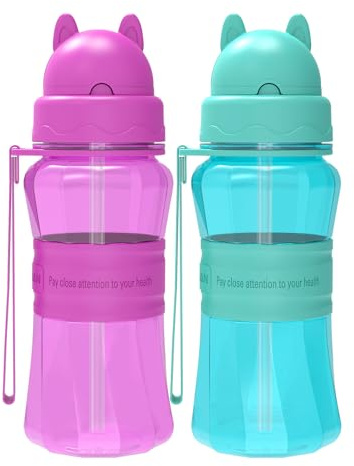 Sigdio 2 Pièces Gourde Enfants avec Paille garçon fille Anti fuite sans BPA Bouteille d'eau Enfant pour Maternelle, École et Activités extérieure (Bleu clair et Violet)