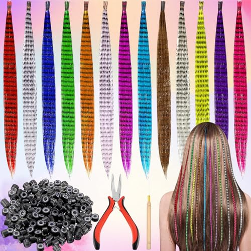 SoundZero Set mit 50 bunten Federn Clip-In Extensions für Kinder, 1 Clip | Strähnen, 1 Haken und 100 Perlen