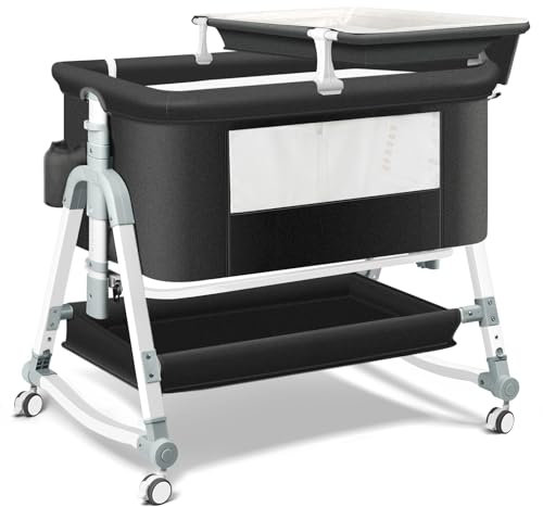 Uuoeebb 4 in 1 Baby Bedside Crib, Next to Me Crib, Travel Cot with Mattress Included, Baby Cribs with Changing Table, 5 Level Height Adjustable Bedside Cot for Newborn (Black)