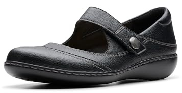 Clarks Women's Ashland Elayne Mary Jane Flat, Black Tumbled, 6.5 UK
