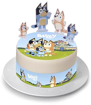 Kardasis Bluey ätbar sockerskiva, 20 cm, dekoration, 4 figurer | Bluey ätbar sockerskiva, 20 cm, med 4 remsor 28 x 4 cm och 4 pappersfigurer för födelsedagsdekoration