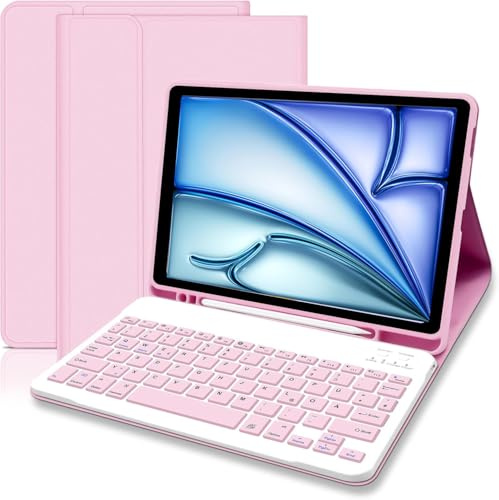 KTOITION Funda con teclado para iPad Air de 11 pulgadas 2025 M3/2024 M2 7/6/5/4ª generación 2022/2020, teclado con funda para iPad Air de 11 pulgadas/10.9 pulgadas, diseño QWERTZ (rosa)