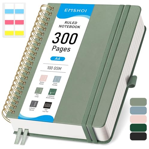 EMSHOI A4 Notebook Lined, Hardcover Spiral Notepad, 300 Pages, Sage Green | 100GSM Thick Paper, Journal with Sticky Notes, Pocket, Pen Loop, Bookmark Ruler for Women Men Writing, 21 x 28.5cm