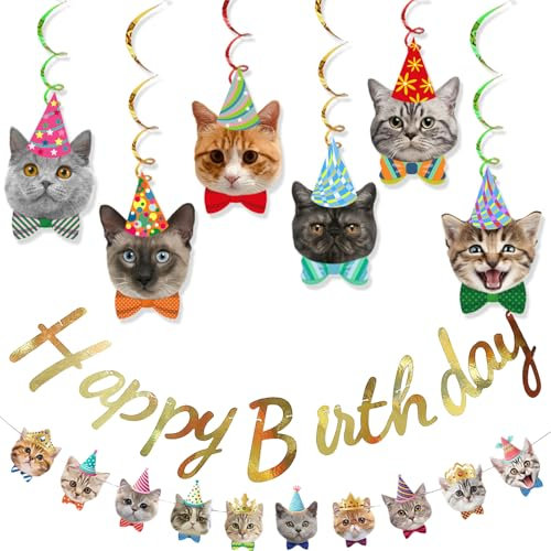 Calkkrer Decoraciones para Fiestas de cumpleaños con temática de Gatos, Decoraciones para cumpleaños de Gatos banderola Feliz Cumpleaños banderola Gatos Colgando recortables decoración Colgante.