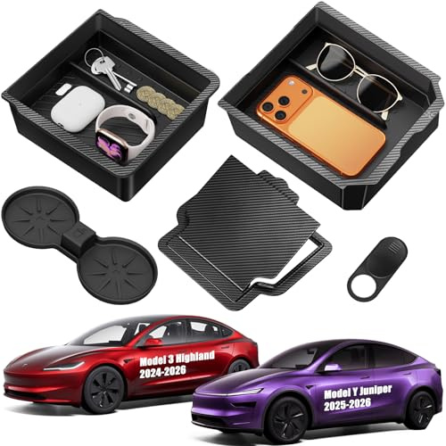 XINTUO Plateau de rangement pour console centrale Tesla Model Y Juniper 2025 2026 et Model 3 Highland 2024 2026 [glisse facilement + installation facile] Porte-gobelet pour Tesla Model Y Juniper