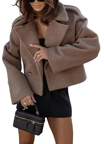 FYHTC Women Cropped Wool Blend Pea Coat Short Jacket Peacoat Long Sleeve Button Down Crop Jacket(Brown,Small)