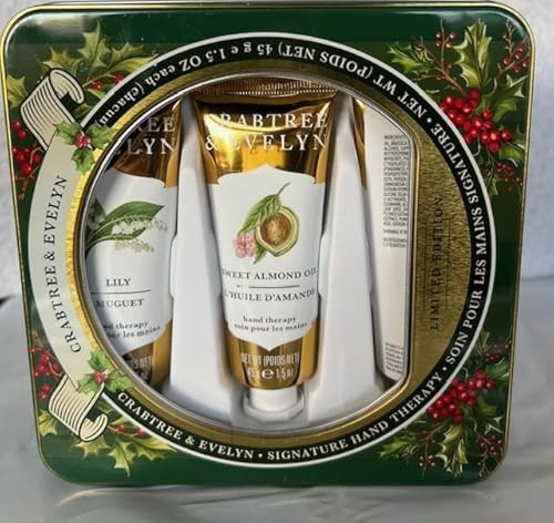 Crabtree & Evelyn Hand Therapy Gift Set Holiday Tin – Green Tin with Avocado, Sweet Almond Oil & Lily Hand Creams, 3 x 45g – Nourishing Luxury Moisturiser Gift for Women & Men, Christmas