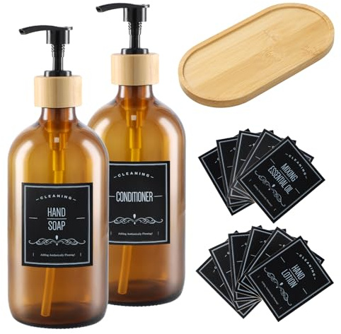 2 Stück Seifenspender Flaschen 500 ml, Flüssigseifenspender aus Braunglas, Shampoo Flaschen Zum Befüllen, Leere Nachfüllbare Pumpflaschen, mit 11 Wasserdichten Etiketten & Tropfschale aus Bambus