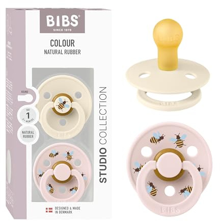 BIBS Colour Studio Paquete de 2 chupetes. Libre de BPA, Tetina redonda. Látex natural, Hecho en Dinamarca, 0-6 meses (Paquete de 2), Ivory/Petal
