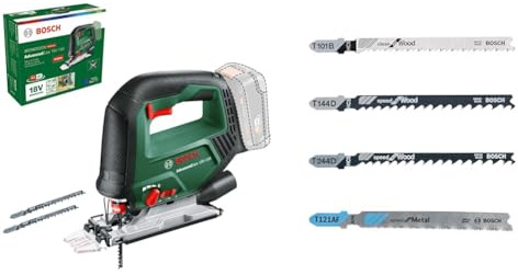Bosch Cordless Jigsaw AdvancedSaw 18V-140 (Pendulum function; Brushless motor; 3 x jigsaw blades; in carton) + Tough Box Jigsaw Blade-Set with Single Lug Shank, Set of 40 Piece
