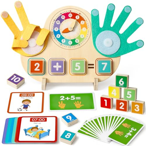 Atoylink Montessori Spielzeug ab 3 Jahre Holz Mathe Lernspielzeug, Uhr & Fingerzählmathe & Zahlenbausteine & Rechnen Zahlen Spielzeug Kinder Pädagogisches Geschenk Geburtstag Jungen Mädchen 3 4 5 6