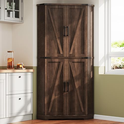 Dripex 71 Corner Cabinet Brown, Farmhouse Kitchen Pantry Cabinet with Doors Storage & Adjustable Shelves, Tall Corner Storage Cabinet with LED Light, Food Pantry for Living Room, Dining Room