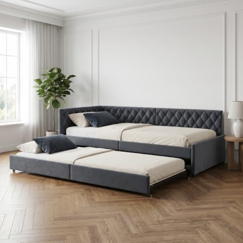 Julyue Polsterbett Schlafsofa 90 x 200 cm, Ausziehbar, 2 Sitzer, L-Form Klappsofa Tagesbett 90 x 200 cm mit Lattenrost, Schlafsofa mit Schlaffunktion, Samt (Grau)
