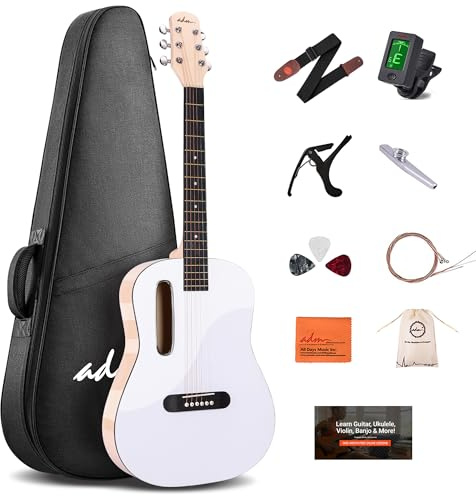 ADM Acoustic Guitar Kits for Beginners Adults - 38 Steel-String Guitars Bundle with Online Lesson Wooden Bowl Guitarra Starter Set Package with Bag, Strap, Picks, Capos, Kazoo, White