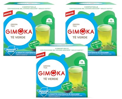 Gimoka Goût THÉ VERT Sucres Réduits - 48 Capsules - Compatibles avec les Machines à Café de la Marque Nescafé Dolce Gusto - Produit en Italie (lot de 3 x 16)