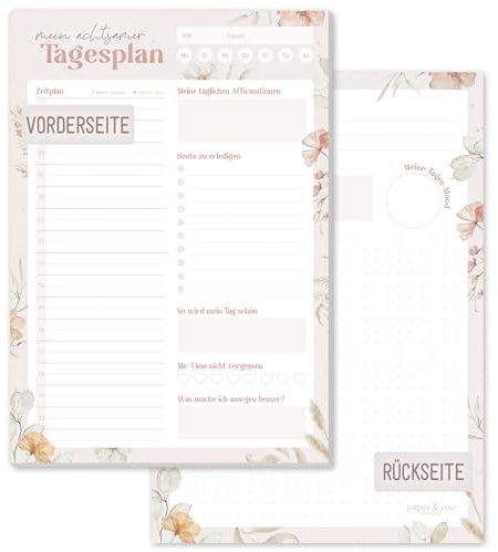 Häfft Achtsamkeits-Tagesplaner A5 Block für Me-Time Calm Flowers | Für ruhige Tagesplanung: 50 Blatt mit 100g/m²-Papier, Zeitplan 6-20 Uhr, To-dos, Affirmationen & Notizfläche