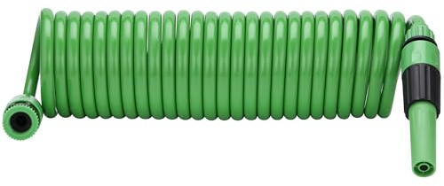 Fora Manguera en Espiral Extensible 7,5 m – Material EVA Resistente – Pistola de Riego Ajustable – Incluye 2 Conectores Rápidos 3/8, Adaptador de Grifo – Color Verde