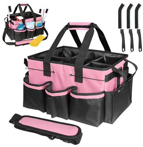 Professional Cleaning Caddy with Handle & 3 Cleaning Brushes, Large Multi-Compartment Cleaning Caddy Bag with Removable Dividers & Shoulder Strap for Housekeepers, Janitors, Commercial Cleaning