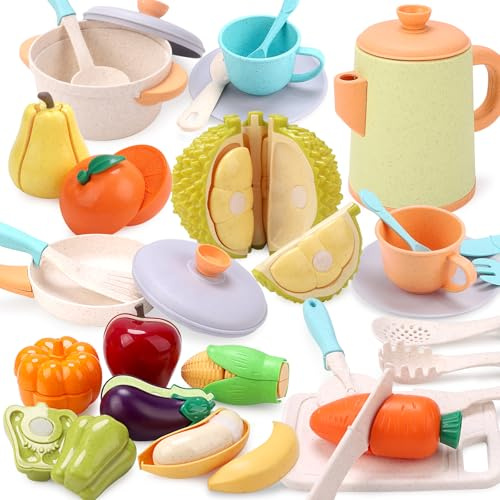 RUIDYA Kids Kitchen Accessories, Pretend Role Play Cutting Fruit Fake Food Toy & Cookware Pot & Pan Set, Play Kitchen Accessories Cooking Utensil Toy for Girls Boys Age 3, 4, 5, 6+
