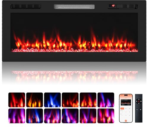 COSTWAY Smart WIFI Electric Fireplace, Wall Mounted/Recessed/Freestanding Fire Heater with APP & Remote Control, 12 Flame & Ember Bed Color, 5 Brightness, 12H Timer, 750W/1500W (42”/106cm)
