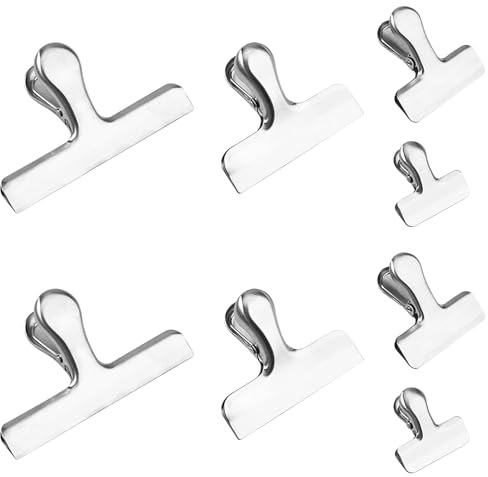 POPETPOP Lot de 8 Pinces de Fermeture Alimentaire en Acier Inoxydable 4 Tailles Clips Multifonctions pour Sachets de Snacks Conservation Hermétique des Aliments Usage la Cuisine et