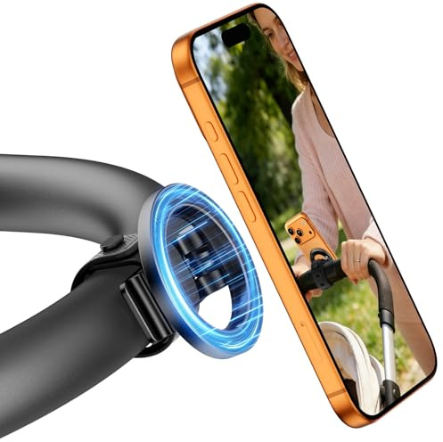 ALAFLY Pram Phone Holder, Stroller Magnetic Mount with Adjustable Silicone Strap, Hands-Free Phone Holders for Parents, Compatible with Magsafe iPhone17-12 & All Smartphones