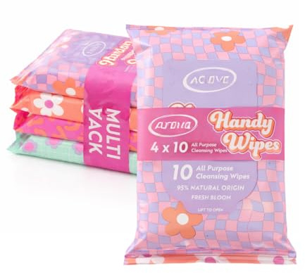 Handy Wet Wipes Variety Bundle – 4 Packs (10 Wipes Each) – 95% Natural Origin Cleansing Wipes – Cucumber, Aloe Vera, Summer Fresh & Fresh Bloom – Travel Size – Includes Thank You Card