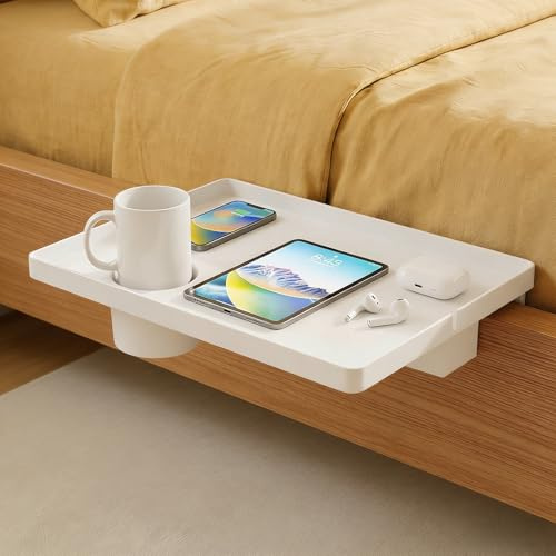 Eirolace Nachttisch zum Einhängen ans Bett, Bettablage zum Einhängen, mobile Fensterbank zum Einhängen, Tablett für Bett, Nachttisch für Pflegebett&Hochbett – ultrastabil, Getränkehalter, 43x29cm,Weiß