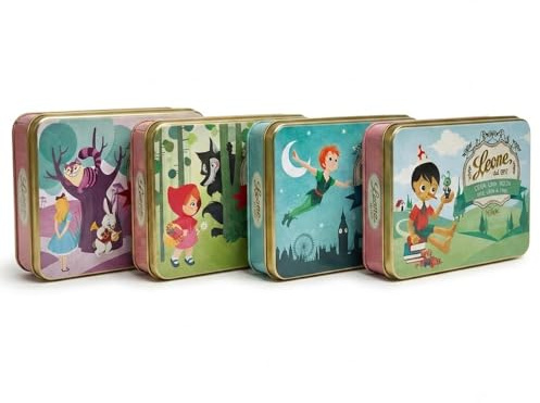 Leone dal 1857 Collezione C'era Una Volta 4 Scatolette in Latta | Cappuccetto Rosso,Alice,Peter Pan,Pinocchio | Gelatine alla Frutta gr.100 | Idea Regalo