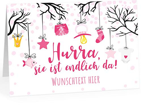 Große XXL Glückwunschkarte zur Geburt (DIN A4) PERSONALISIERT - Ein Mädchen rosa Sie ist da Willkommen - mit Umschlag/Edle Design Klappkarte/Baby/Willkommen/Eltern/Extra Groß