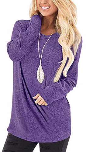WNEEDU Camiseta Manga Larga Mujer Básica T-Shirt Ligera Suelta Jersey Casual Blusa Cuello Redondo