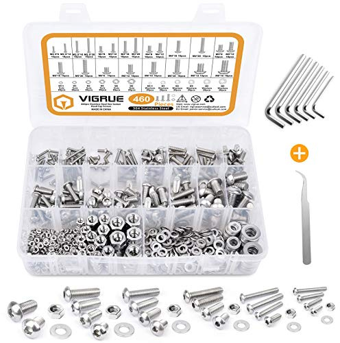 VIGRUE 460PCS Schrauben und Muttern Set, M2.5 M3 M4 M5 M6 M8 sechskopf schrauben, Edelstahl Innensechskantschrauben Muttern und Unterlegscheiben Sortiment Kit mit Aufbewahrungsbox und Schlüsse
