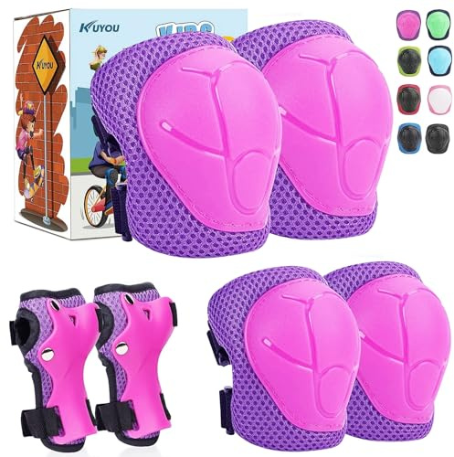 KUYOU Knee Pads for Kids,6‑in‑1 Kids Protective Gear Set Elbow Pads Wrist Guards 3‑15 Boys Girls Toddlers, Safety Gear for Skating Cycling Bike Rollerblading Scooter BMX Skateboard Inline Skating