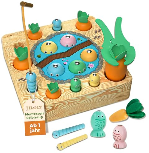 Tiloly Montessori Spielzeug ab 1 Jahr 2in1 Karottenspiel & Angelspiel, Holzspielzeug ab 1 Jahr Activity Spiel - Motorikspielzeug Baby Spielzeug 1 Jahr - Kinderspielzeug 1 Jahr