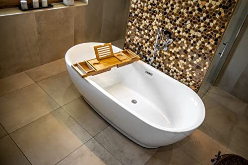 ECOLAM® exklusive freistehende Badewanne Standbadewanne moderne Wanne freistehend Adele 165 x 80 cm ideal für zwei Personen + Bambus Ablage + Ablaufgarnitur Design Acryl glamour weiß
