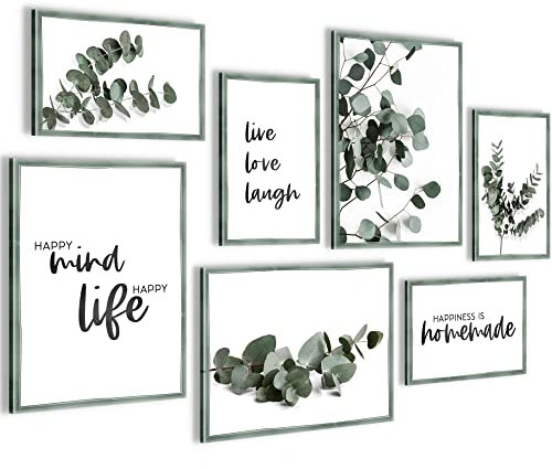 Novart Wandbilder Eukalyptus Pflanze - KOMPLETT AUFHÄNGFERTIG - Grüne Blätter Wohnzimmer Schlafzimmer - 7 Moderne Mood-Bilder - N003771b