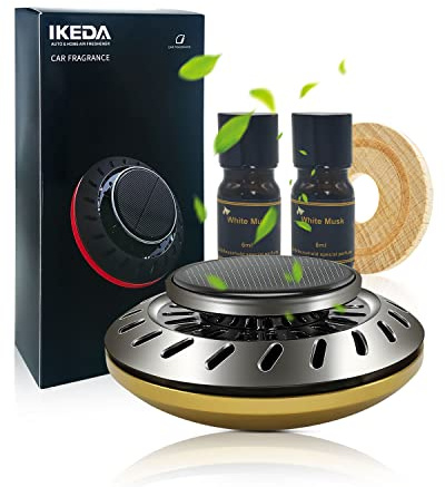 Auto Duft Lufterfrischer | Solarbetriebener Parfüm Diffusor | Automatische Drehung Aromatherapie | 12ml Ätherisches Öl | 60 Tage Frischer Duft für Taxi, Büro, Zuhause (white musk)