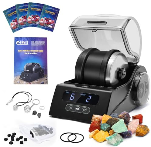 Tryes Rock Tumbler Kit de polissage pour adultes avec couvercle de réduction du bruit, contrôle de la vitesse et de la minuterie, comprend 4 grains de polissage, pierres précieuses brutes, guide