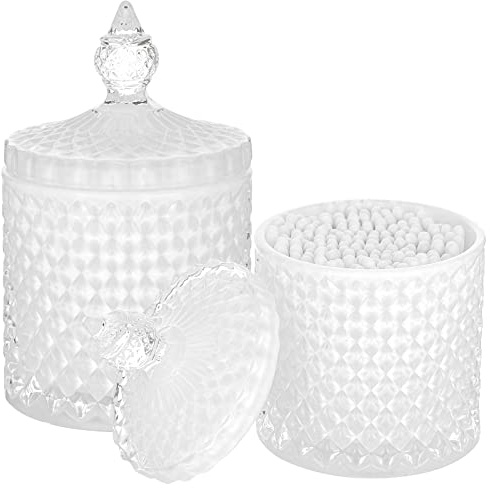 rejomiik 2-pack qtip hållare tjocka glas apotekare burkar med lock för badrumsdekor förvaring organiserare för bomullspinnar, bollar, dynor, tandtrådspis, godis, smycken, vit