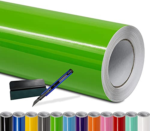 Folindo Autofolie Grün Glanz (12€/m²) - 200 x 152 cm - Selbstklebende Auto Lackschutzfolie mit Luftkanal Technik – Blasenfreie Auto Folierung inkl. Rakel & Cutter – Car Wrapping Folie