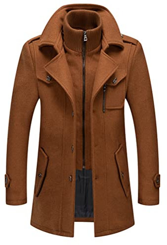 ORANDESIGNE Herren Wintermantel aus Hochwertiger Wollmischung Jacke Business Mittellang Warm Wollmantel mit Herausnehmbarem Schal Einsatz Freizeit Winterjacke Slim Fit B Khaki XXL