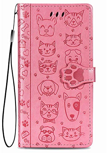 Fertuo Funda para Motorola Moto E13, Carcasa Libro con Tapa de Cuero con Ranuras de Tarjeta, Soporte, Cierre Magnético [Gato Perro] Wallet Case Flip Cover para Motorola Moto E13, Rosado