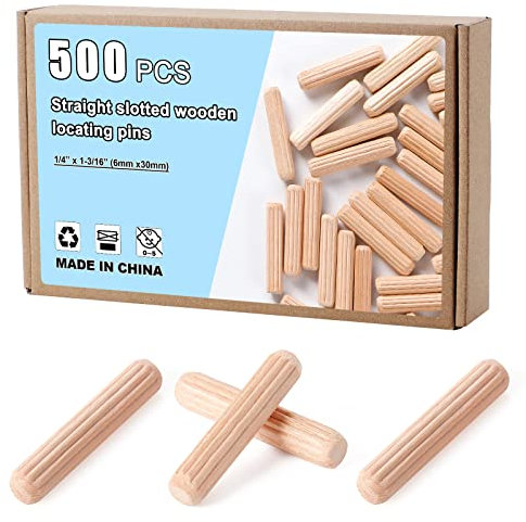 Kinsinder 500 Stück Holzdübel Set, Dübel Holz, Holzdübel 6mm, Holzstifte Set, Riffeldübel Buche Holz für Möbel Professionelle Tischler DIY und Bastelprojekte