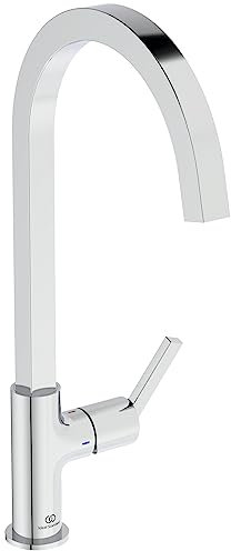 Ideal Standard – Gusto Küchenarmatur, Hoher Auslauf mit quadratischem Querschnitt, mit FirmaFlow Kartusche, Niederdruck, Schwenkbereich 360°, Schnellmontagesystem EasyFix+, Chrom